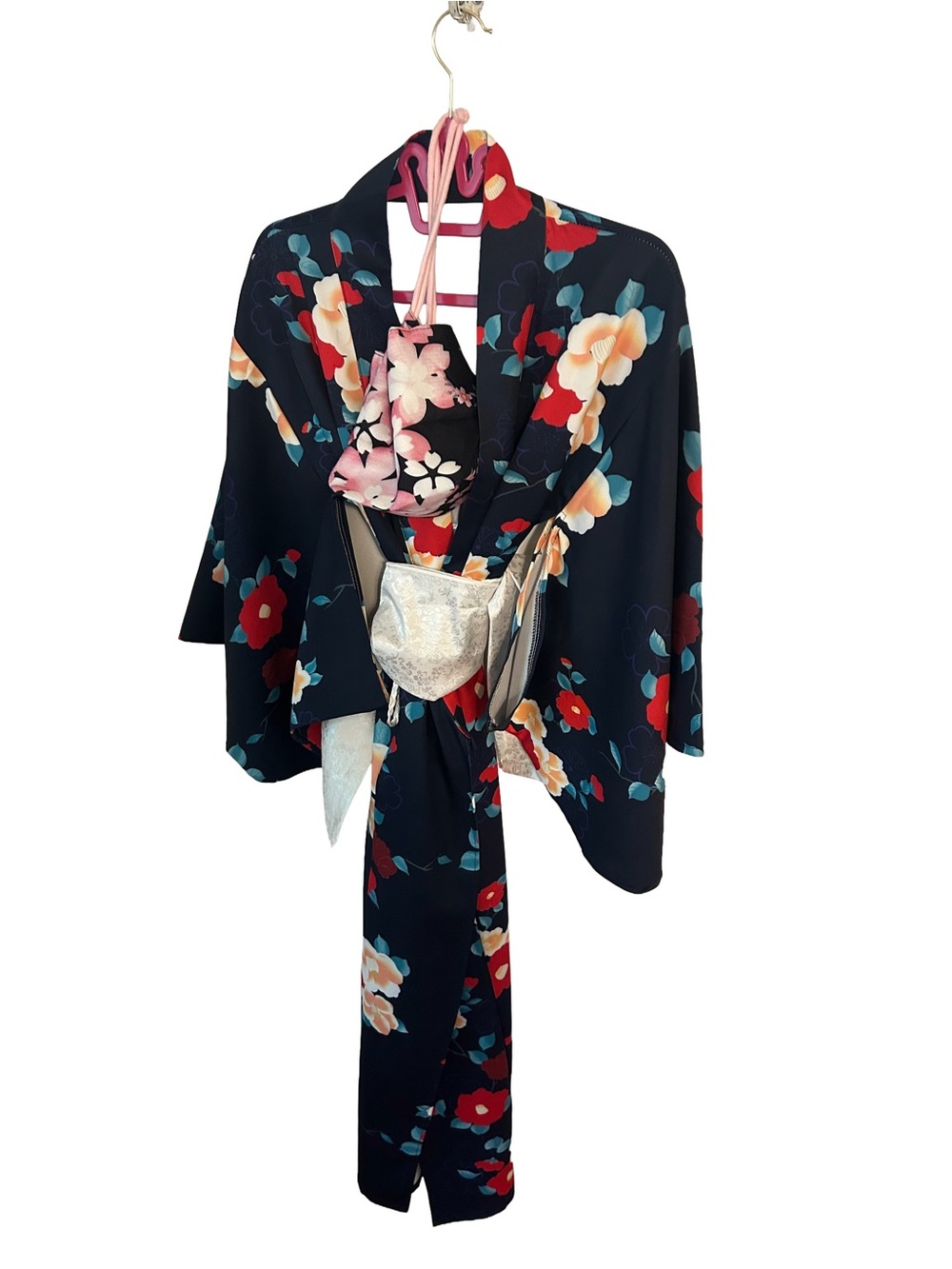 Navy Blue Floral Kimono Robe with Creme Obi and Kinchaku bag